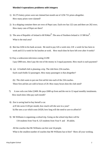 Worded 4 operations problems with integers medium difficultly with answers