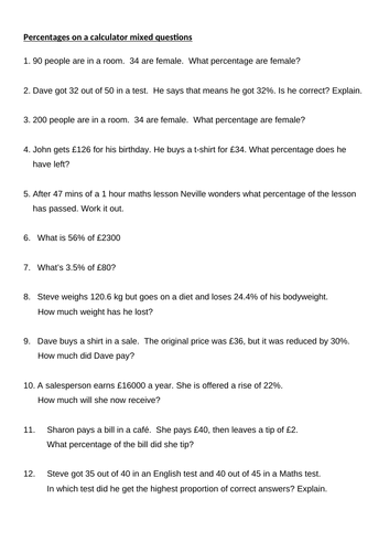 Percentages increase, decrease on a calculator with mixed worksheet