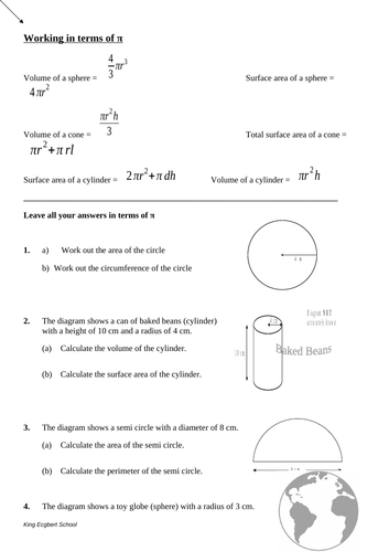 Working in terms of pi, cone sphere cylinder problems