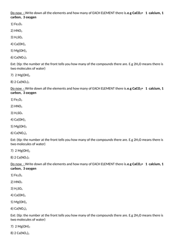 Counting elements and atoms worksheet DIFFERENTIATED KS3 and KS4