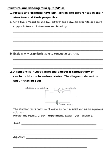 Ionic, metallic and covalent bonding questions | Teaching Resources