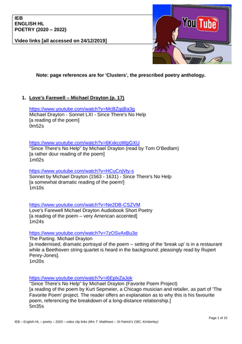 IEB English HL - Poetry - 2020 - video links