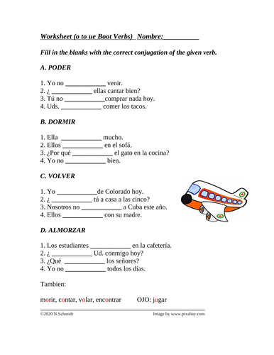 spanish stem changing boot verbs o to ue worksheet dormir volver almorzar teaching resources