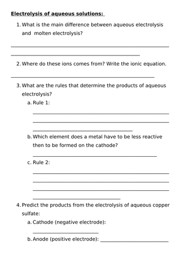 Electrolysis video question sheets