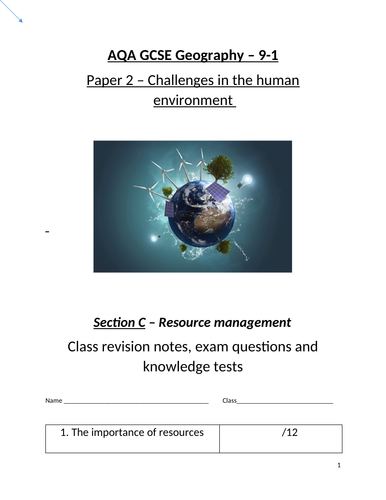 Resource management - revision work booklet AQA Geography GCSE