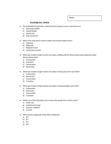 AQA GCSE GEOGRAPHY Hazards Knowledge test