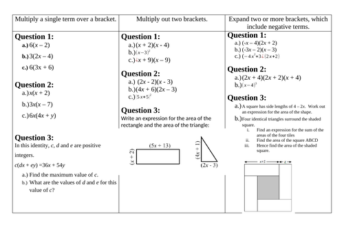 Expanding and Factorising Worksheets
