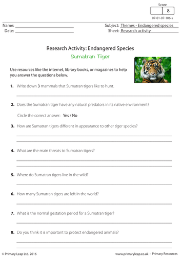 Research Activity - Endangered Species: The Sumatran Tiger