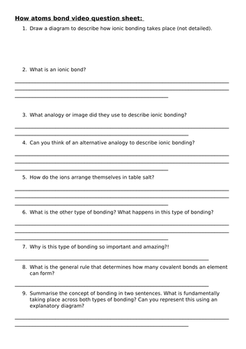 Covalent, ionic and metallic bonding video question sheets