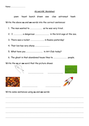 au and aw Worksheet | Teaching Resources