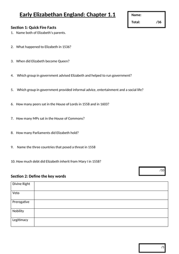 GCSE Early Elizabethan England: End of Chapter Quizzes