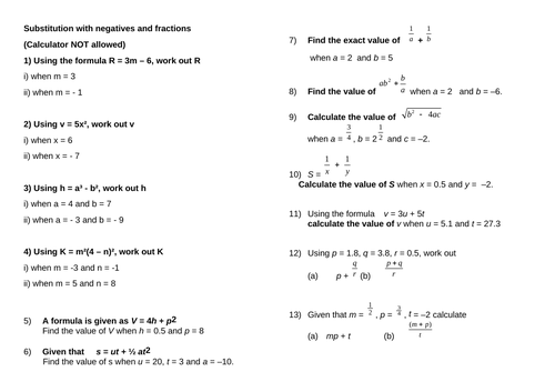 Substitution with negatives and fractions with answers