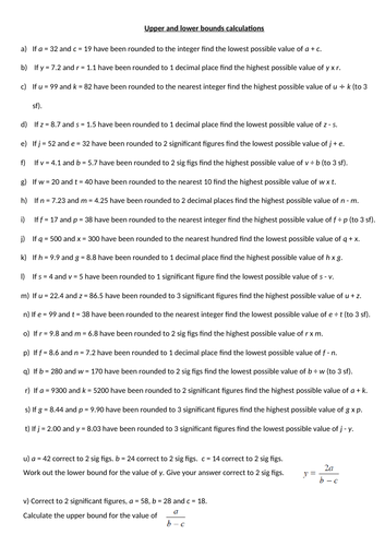 Upper and lower bounds calculations worksheet