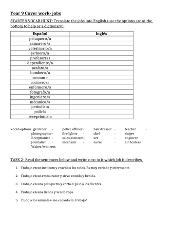 Year 9 Spanish jobs worksheet