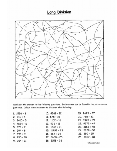 long division colouring worksheet teaching resources