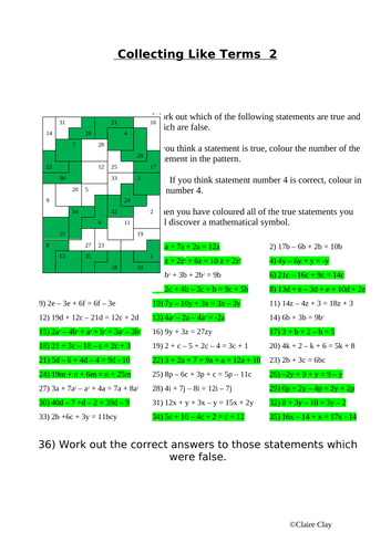 Collecting like terms colouring sheet