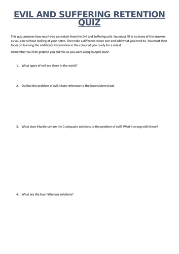 Edexcel A Level RS Philosophy Evil and Suffering