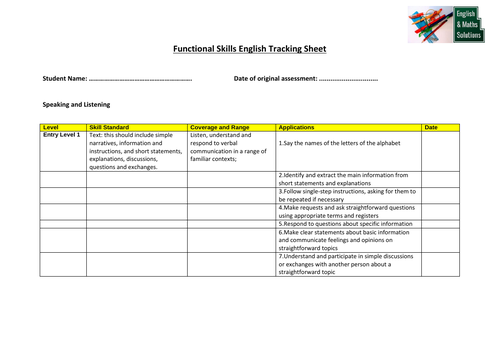 Functional Skills English Tracking Sheet