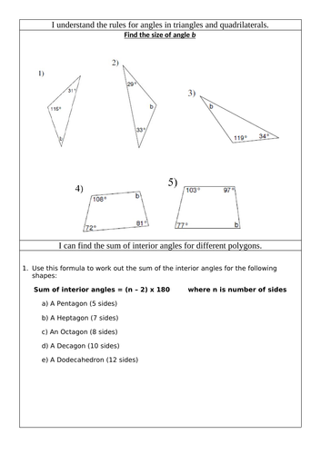 Sum of Interior Angles Worksheet | Teaching Resources