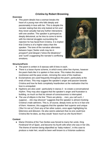 Cristina by Robert Browning summary sheet A Level English literature poetry