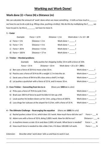 Working out Work Done (Activate Energy Part 2 - Work, Heating & Cooling) Worksheet
