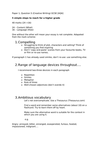 Paper 1, Question 5 Creative Writing: Simple Steps to Reach for a Higher Grade
