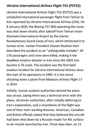 Ukraine International Airlines Flight 752 (PS752) Handout