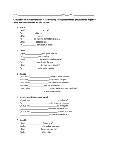 present preterit imperfect conversation worksheet