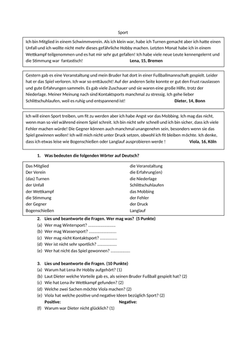 Sport - Higher GCSE German Reading