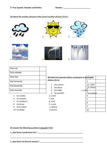 Spanish test on weather and clothes