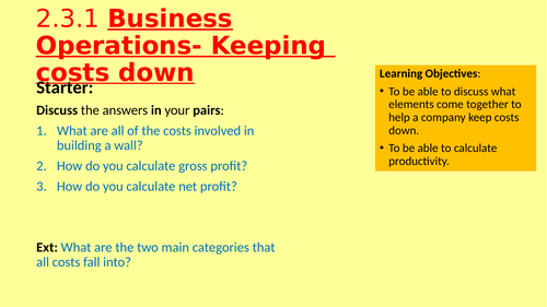 GCSE Edexcel Business 2.3.1 Business Operations Series of Lessons