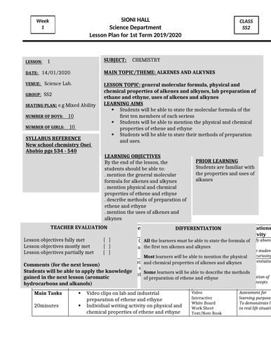 ALKENES AND ALKYNES LESSON PLAN