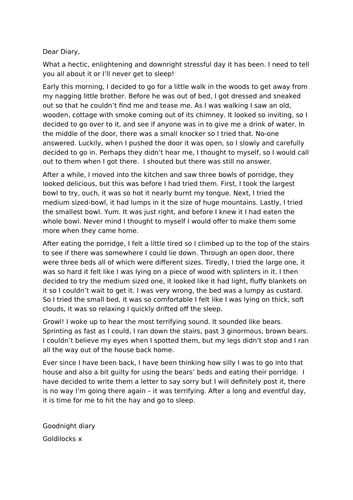 WAGOLL Diary entry from Goldilocks' point of view with reading viper/comprehension question