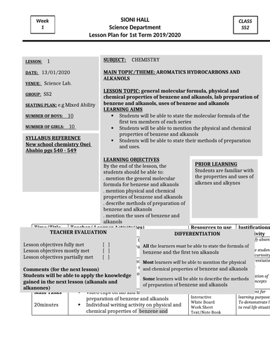 ALKANOLS AND BENZENE LESSON PLAN