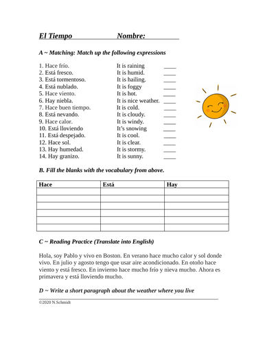 spanish weather worksheet el tiempo teaching resources