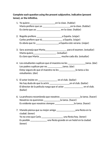 subjunctive v infinitive indicative practice | Teaching Resources