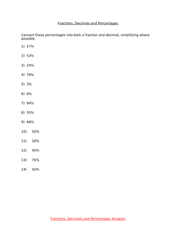 Year 6 - Converting between decimals, fractions and percentages