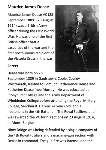 Maurice James Dease Battle of Mons Handout
