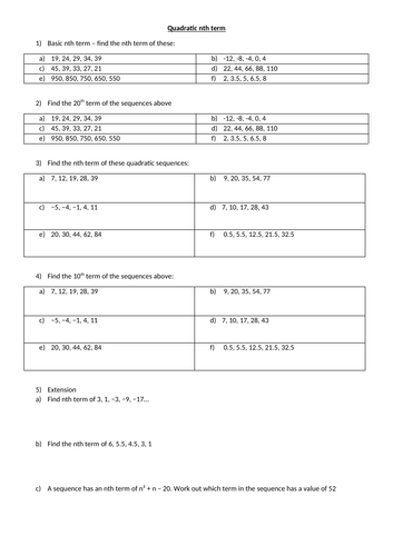 Quadratic nth term textbook exercise