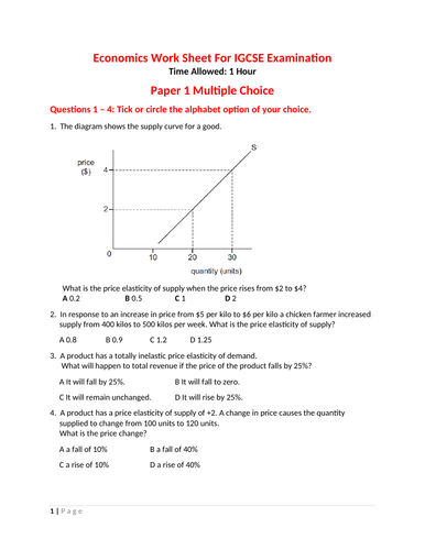 work sheet on igcse economics on elasticity teaching