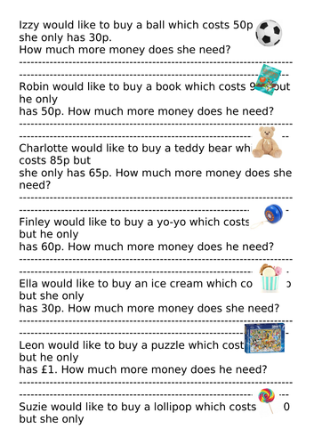 Year 2 - Money - Find the difference between 2 amounts