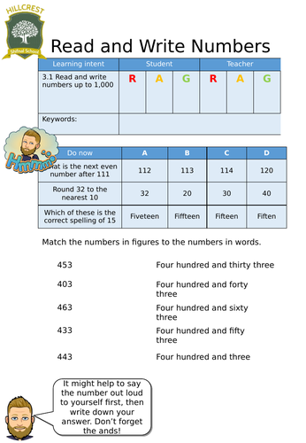 Read and write numbers entry level worksheet