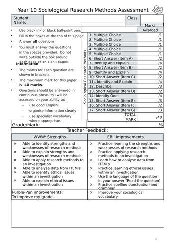 GCSE Sociology - Assessment Feedback Sheet