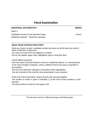 Mock Exam IGCSE Additional Maths 0606 Paper 1 and 2