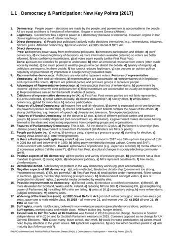 Government and Politics: Democracy and Participation Key Points (NEW SPEC) - Edexcel