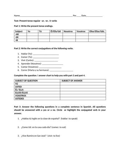 Test on present tense regular verbs