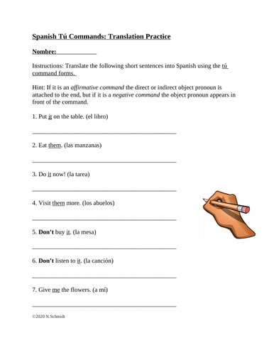 Spanish Tú Commands with Object Pronouns Translation Worksheet (Mandatos)