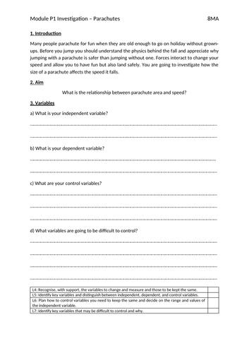 KS3 Science Parachute Practical - 7 Lessons, Lesson Plans, Worksheets