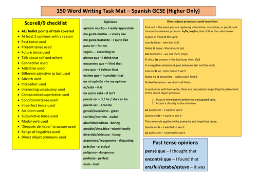 Spanish Higher GCSE 150 word writing mat - any exam board