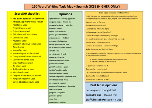 Spanish Higher GCSE 150 word writing mat - any exam board